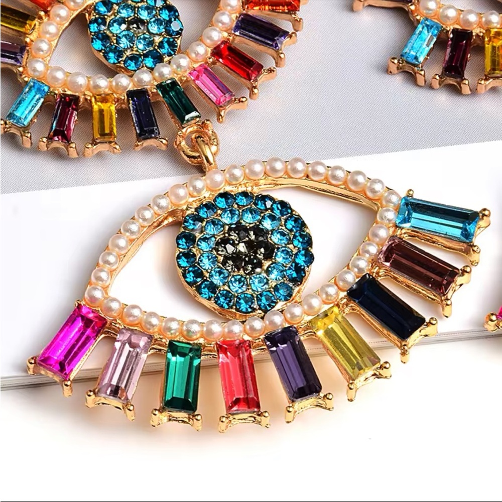 LAST 1! EVIL EYE! Rhinestone and Faux Pearls Large Colorful Dangle Earrings! - Picture 4 of 9